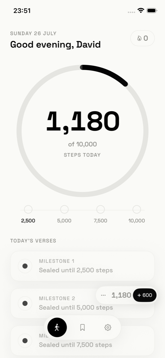 Pace & Grace Today screen showing a step ring at 1,180 of 10,000 steps, milestone markers at 2,500 to 10,000, and today's verses still sealed.