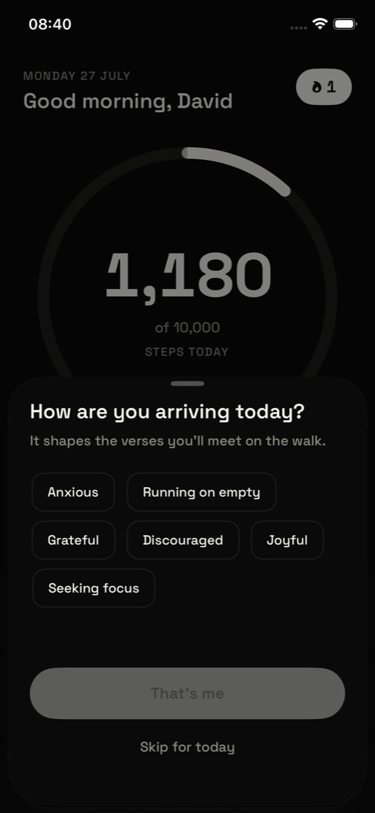 The Today screen in dark mode, asking &ldquo;How are you arriving today?&rdquo; with mood choices such as Anxious, Grateful and Seeking focus.